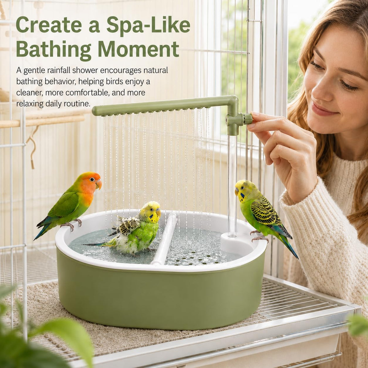 Bird Bath for Cage, Automatic Parakeet Bird Shower Fountain with 4 Natural Rattan Balls, Waterproof Mat, Adjustable Valve, Hidden Cable Pump, Dual Perch, Indoor Parrot Bathing Set, Light Green