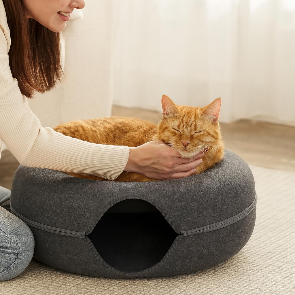 Grey Cat Tunnel & Donut Bed Cave for Indoor Cats – Large Felt Cat Toys Interactive Hideaway, No-Collapse, Scratch-Resistant, Washable Cat House, Cat Enrichment, Bored Indoor Cats & Kittens Gift Toy