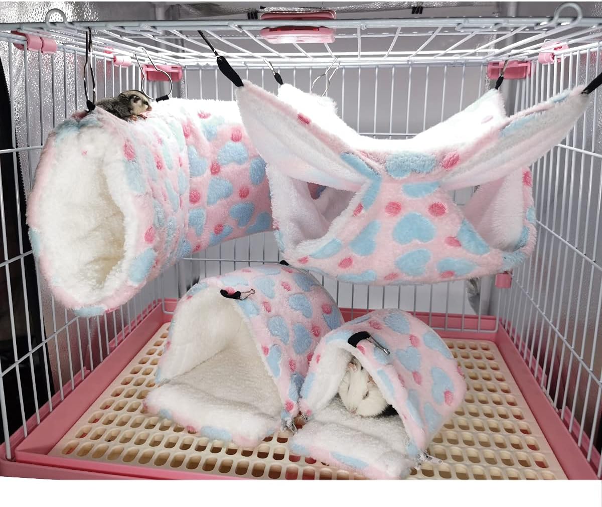 LEFTSTARER Hanging Tunnel for Small Animals Guinea Pig Accessories Sugar Glider Cage Accessories Hamster Rat Toys Ferret Hammock（Heart-Pink）