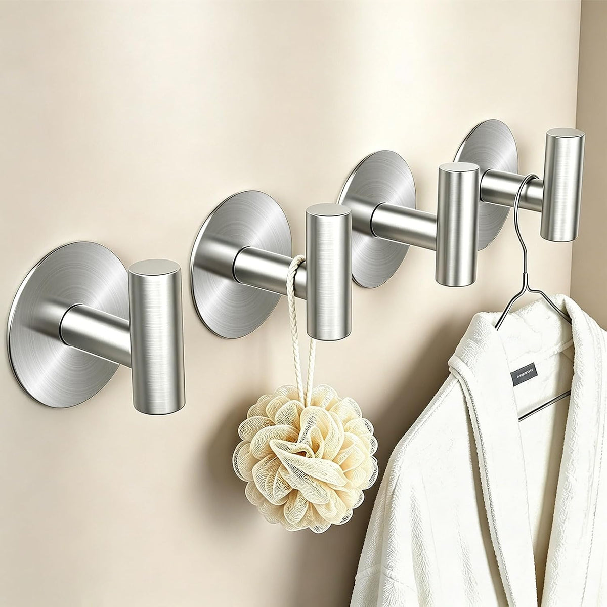 Heavy Duty Self-Adhesive Coat Hooks, Stainless Steel Towel Hooks for Bags, Towels, Robes, Hats, Aprons – No Drill Bathroom, Kitchen, Hotel Wall Hooks (Silver, 4 Pack)