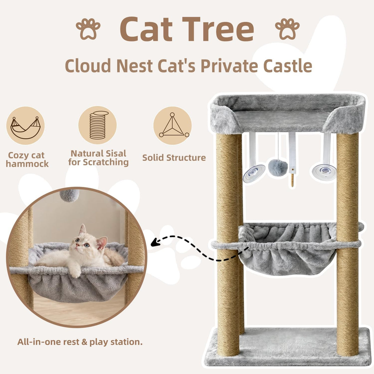 Cat Scratching Post, 4 Scratch Post, Cat Tower for Indoor Cats with Plush Cat Hammocks, Stable Cat Tree & Cat Perch, for Indoor Small Medium Large Cats (30'')