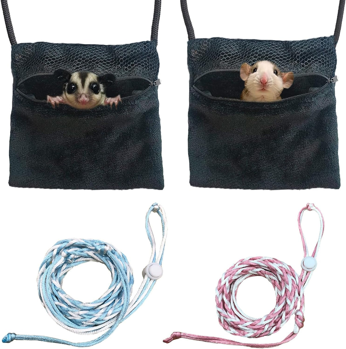 2 Pics Sugar Glider Pouch and 2 Pics Hamster Leash Small Animal Carry Pouch with Adjustable – Cozy & Portable Habitat for Small Pets (Hamsters, Rat, Squirrels)