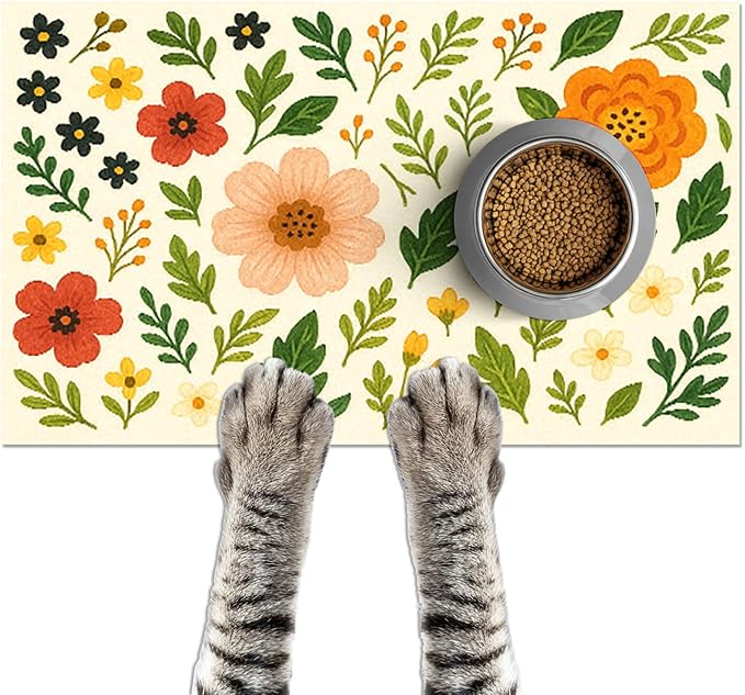 Trendy Flower Pattern Pet Feeding Mat Spill-Proof Feood Pad by HOMETITUTE