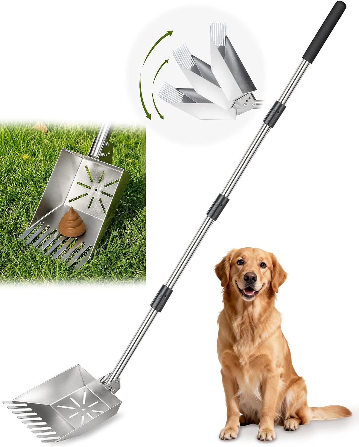 71" Stainless Steel Pooper Scooper, 3-Adjustable Angle Dog Shovel & Rake