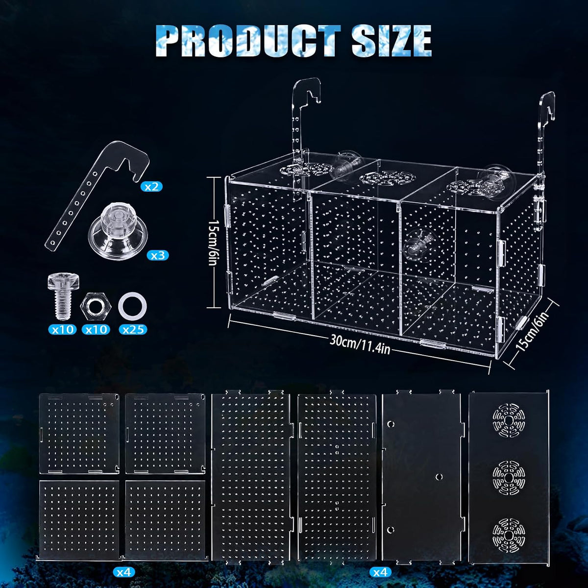 Fish Breeding Box, Acrylic Isolation Box Aquarium Hatchery Incubator with Suction Cups for Newborn Fry, Shrimp, Guppy, Clownfish, Aggressive Fish, 11.5" x 6" x 6"