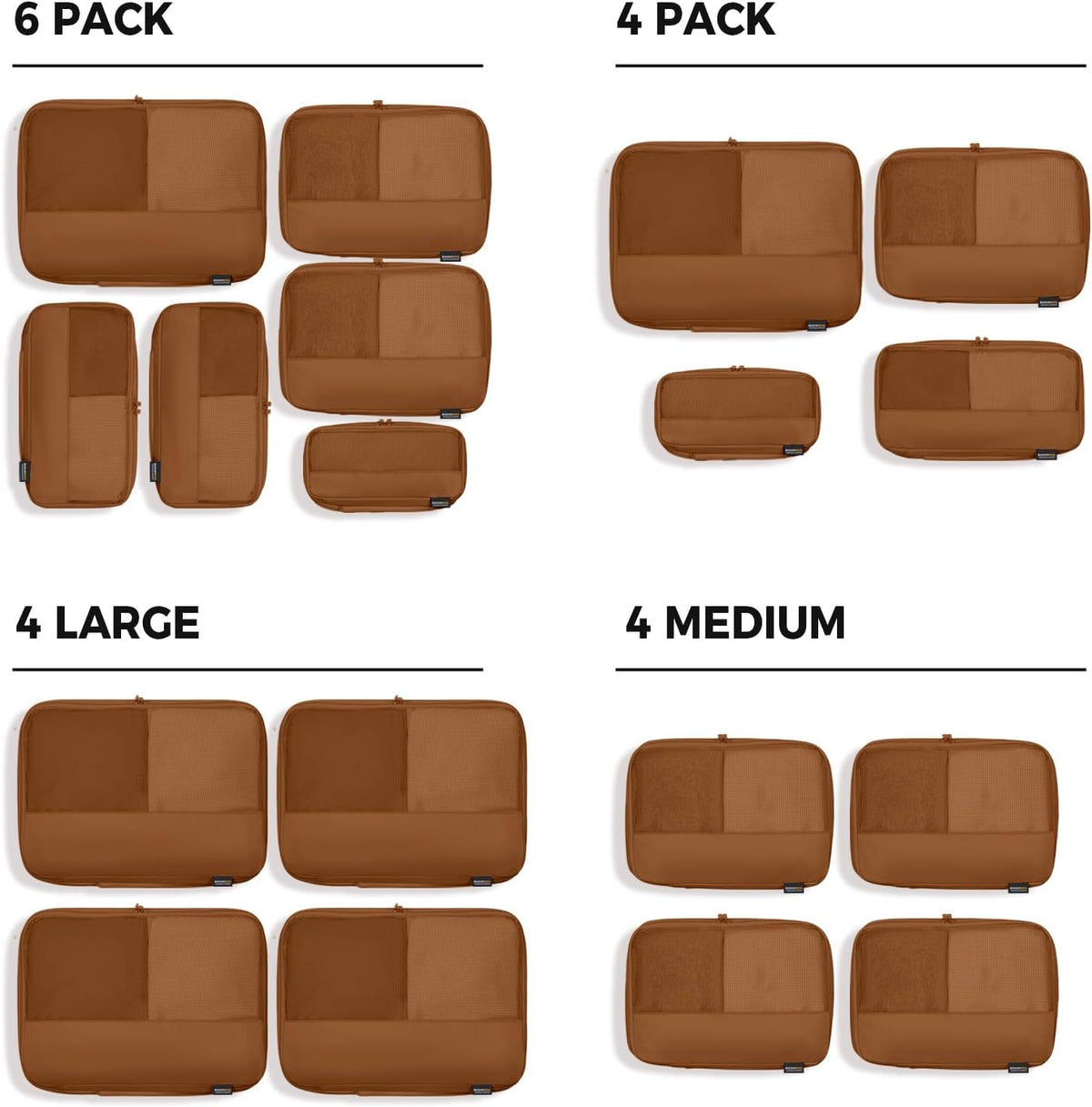 4 Large Compression Packing Cubes for 7–14 Day Travel, Light Brown