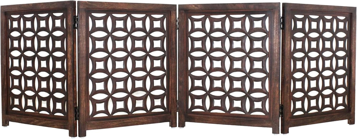 Wooden Foldable Pet Dog Gate - Hand Carved 3-Panel 60 W x 24 H