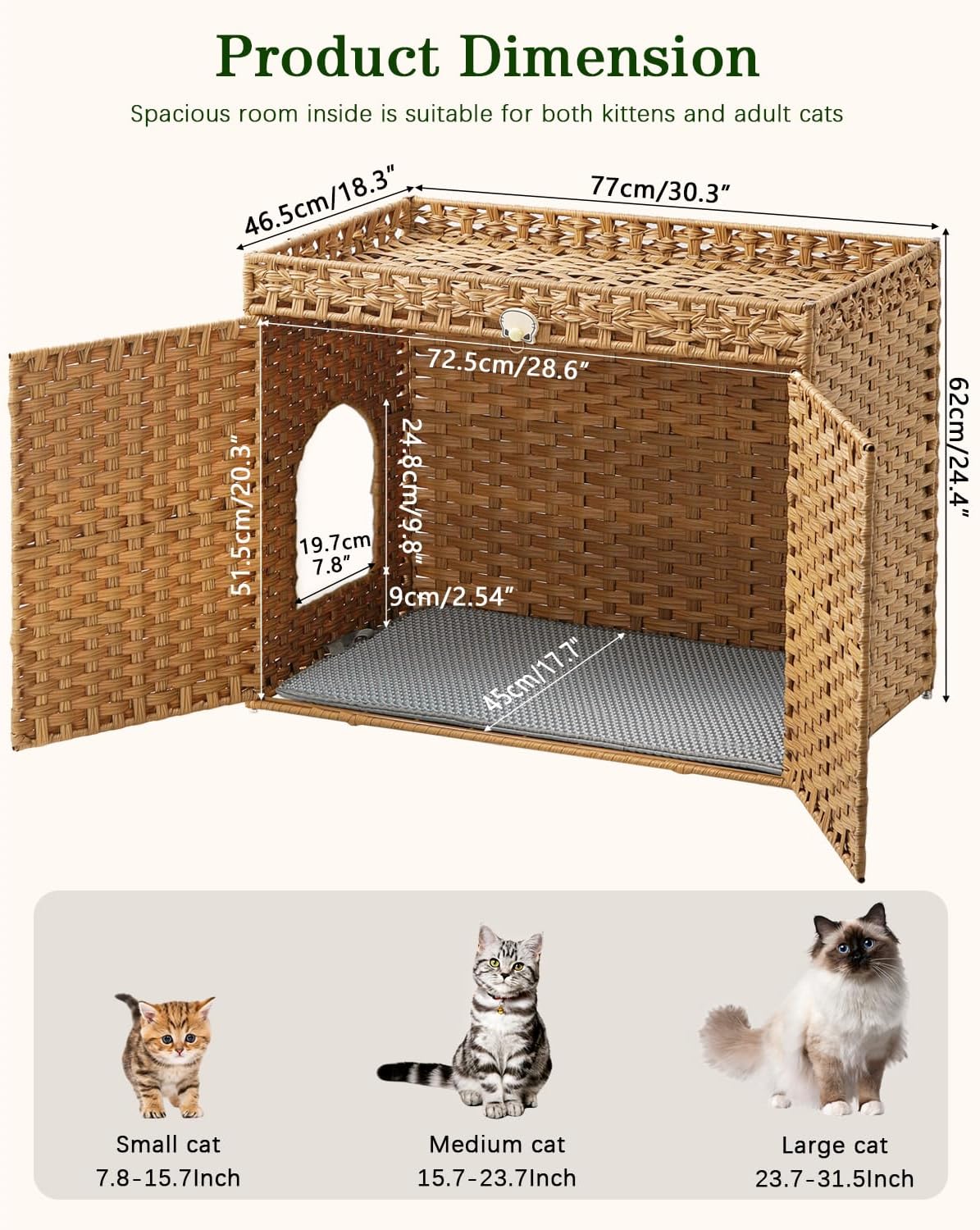 SETVSON Cat Litter Box Enclosure, Extra Large Hidden PE Rattan Natural