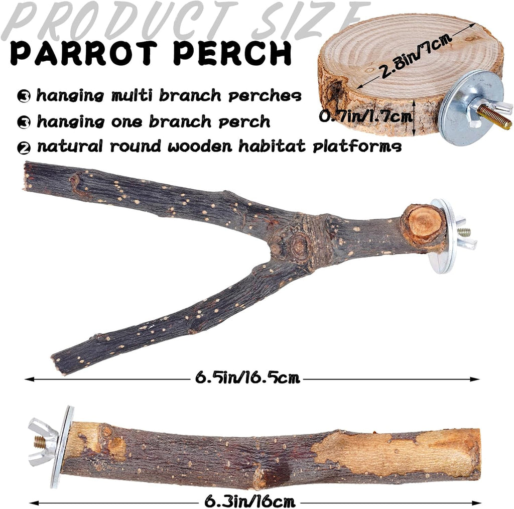 8 Pieces Bird Perch Natural Wooden Parrot Perch Stand Fork Toys Hanging Multi-Branch Perches Platform Hammock Swing Toy for Macaws, Small Parakeets, Conures, Budgies, Finches (A-Color, Mix)
