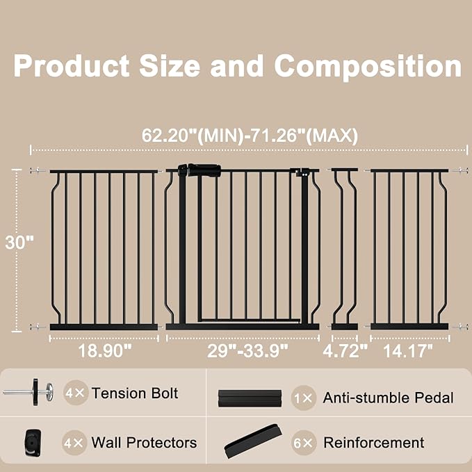 WAOWAO Baby Gate 62.20-71.26" Extra Wide Pressure Mounted Walk Through Swing - Image 6