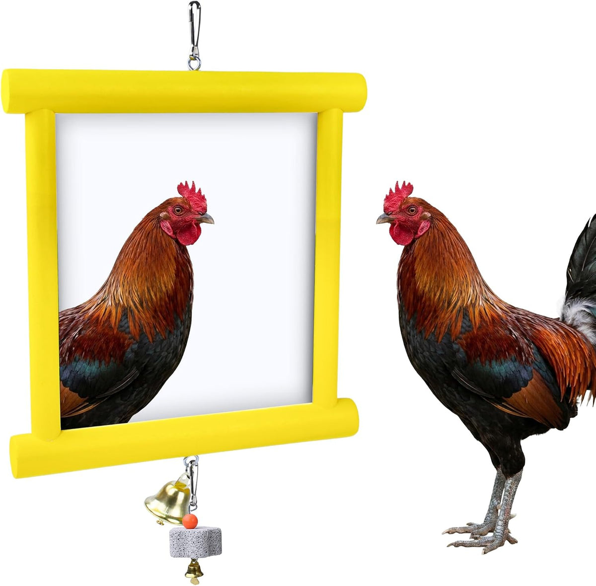 Chicken Toys for Coop Double-Sided Chicken Mirror Toy with Bell & Beak Grinding Stone Large Wooden Pecking Toy for Hens, Ducks, Parrots, Boredom Buster Coop Accessories (Red)