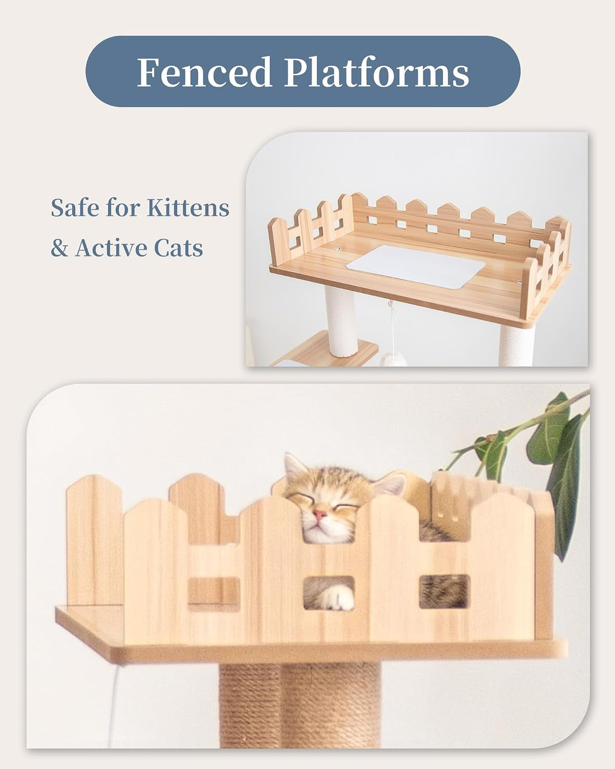Wood Cat Tree for Indoor Cats, 53 inch Cats Furniture Tower with Large Platforms, Clear Bowl, Full Sisal Scratching Posts, Water Proof Surface