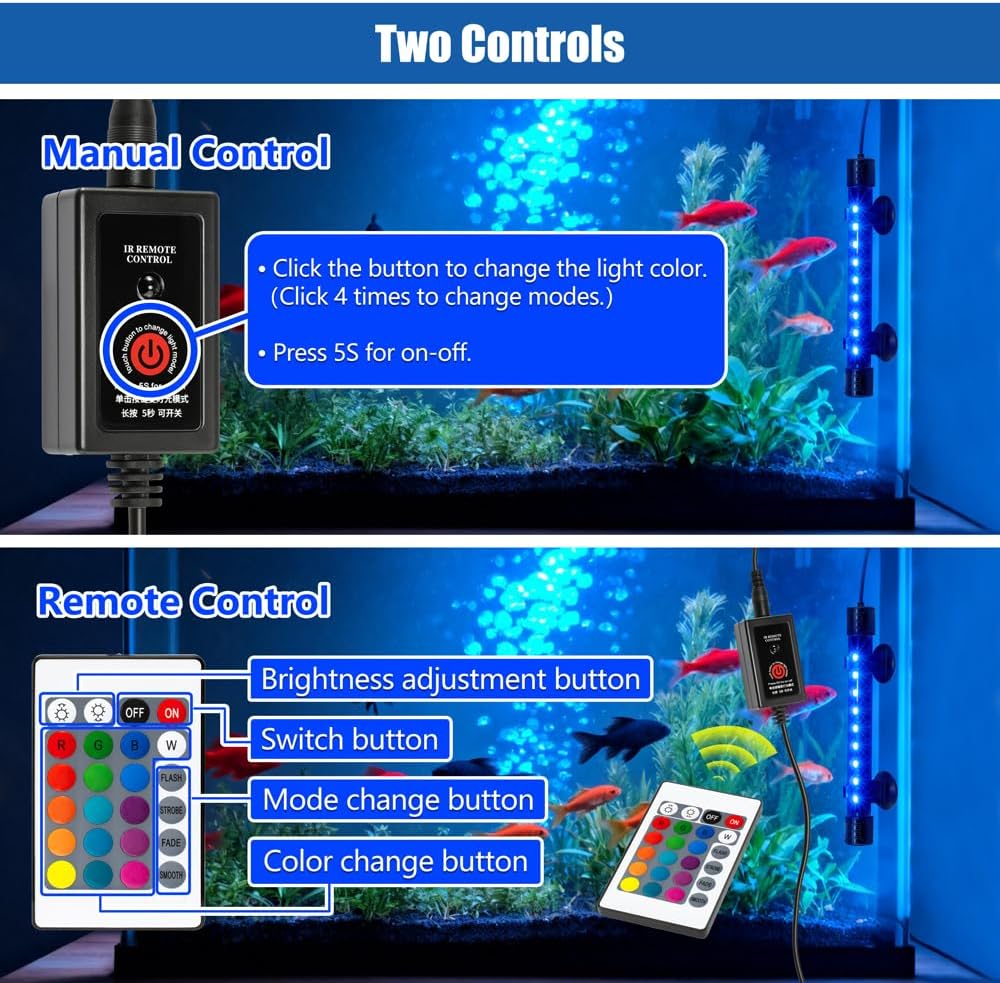 LED Aquarium Light with IP68 Waterproof and Memory Function Submersible Fish Tank Light with Remote and 16 Colors 15 Inches Brightness Adjustable Underwater Light Bar for Fish Tank Aquarium