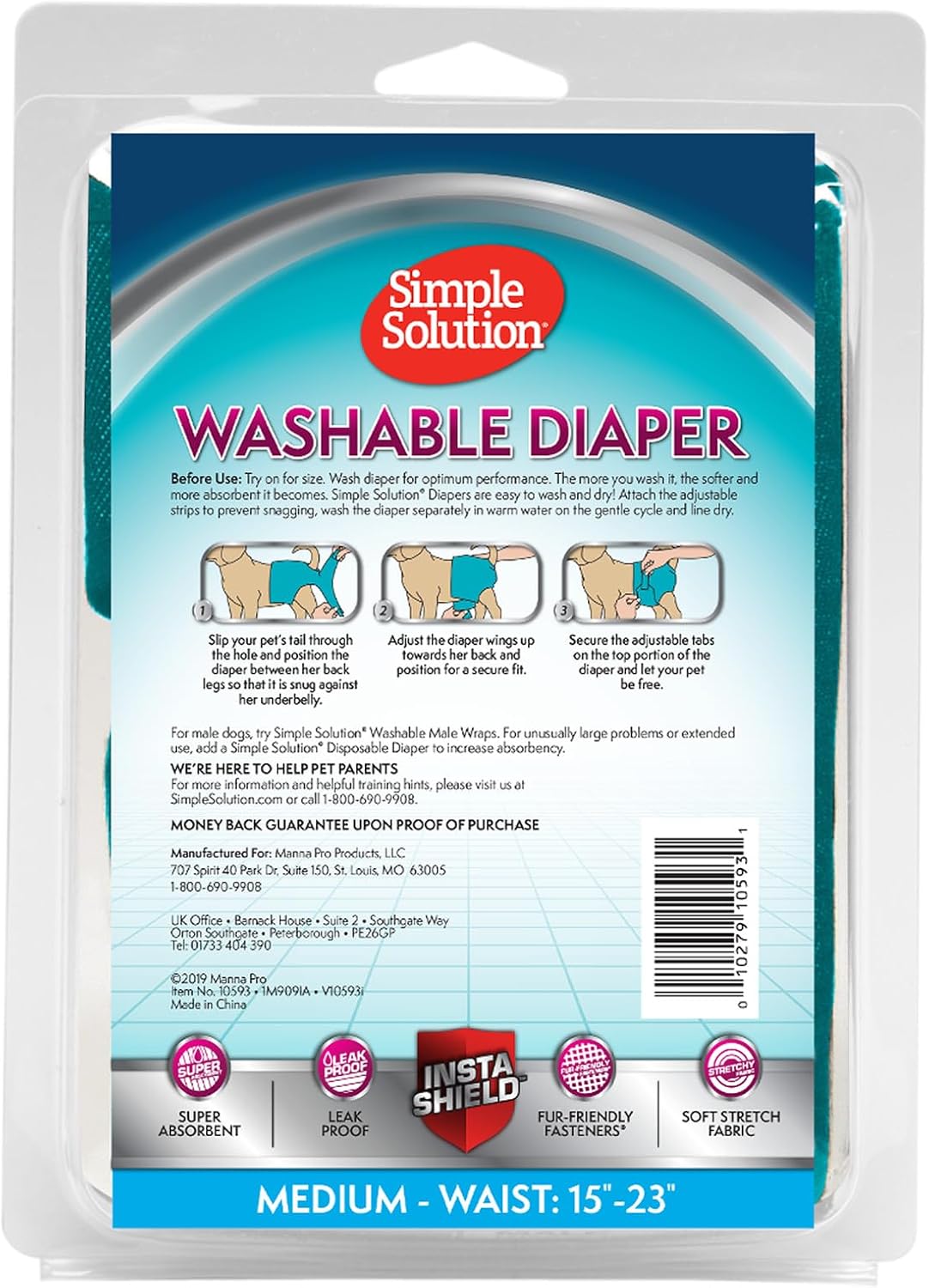 Simple Solution Washable Female Dog Diaper, Reusable Dog Diaper, M, 1 Count
