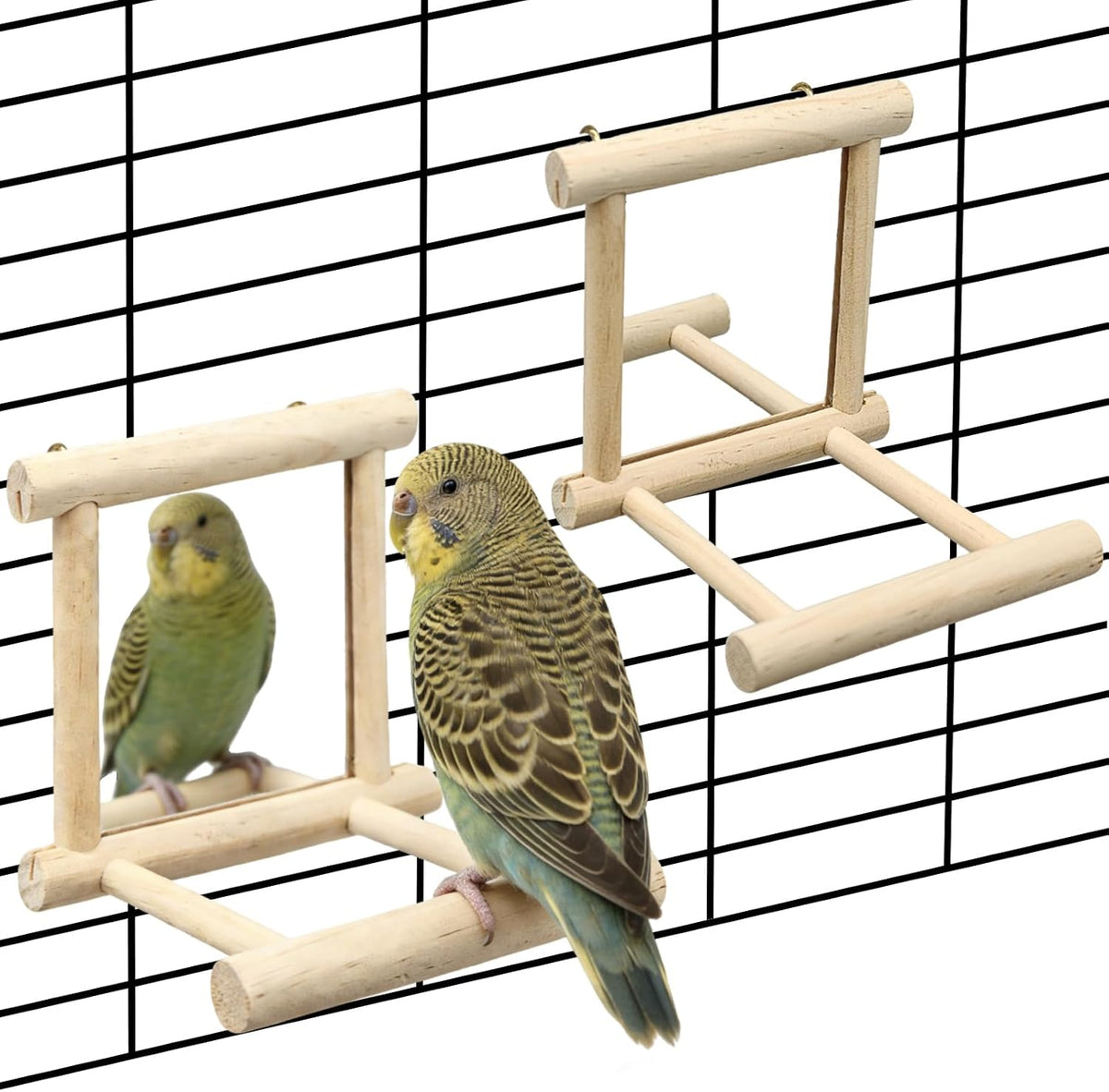2Pcs Bird Mirror Parakeet Mirror Perch Stand Wooden Swing Mirror Toy Cage Accessories for Parrots Budgies Parakeets Cockatiels Lovebirds Finches