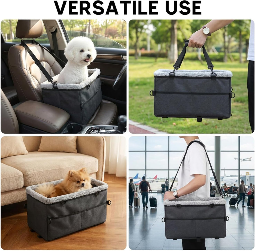 Small Dog Center Console Car Seat, Portable Carrier Bed with Safety Tether