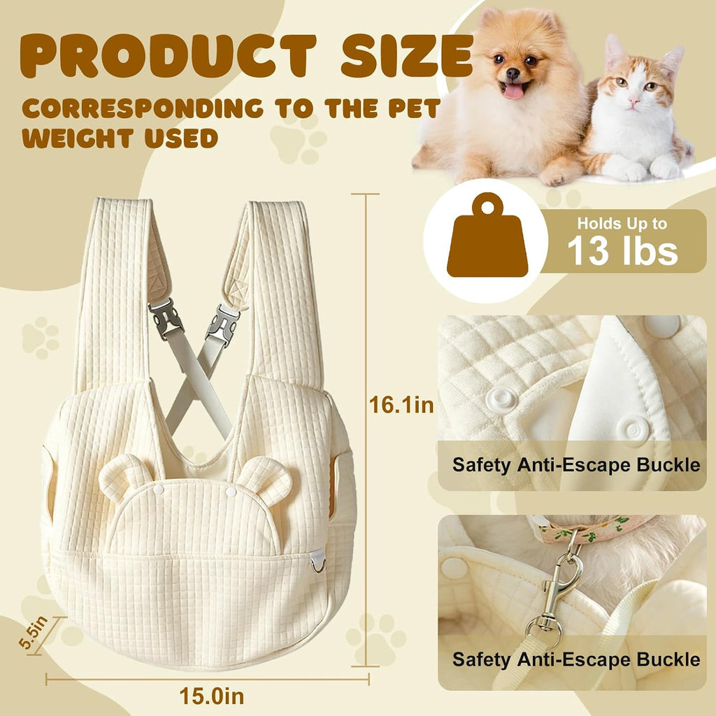 Portable Pet Front Backpack Sling Carrier, Adjustable Washable Cat Dog Travel Bag with Safety Strap and Removable Bottom Plate, Hands-Free Breathable Pet Carrier for Outings Hiking Travel