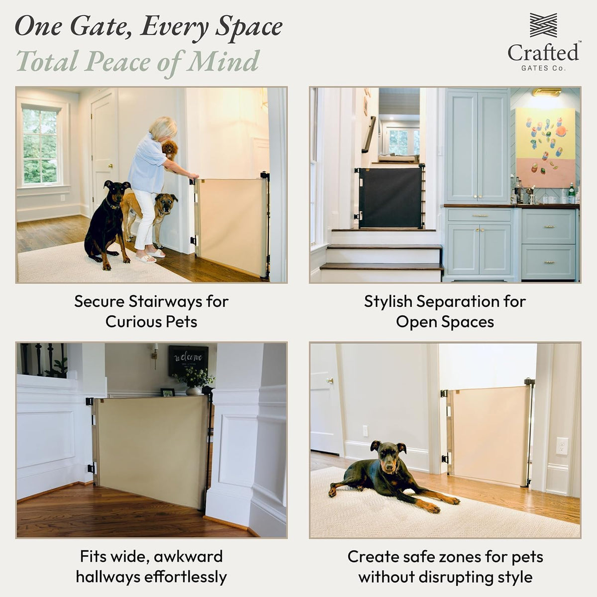 Crafted Gates Oil Waxed Canvas Fabric Retractable Dog Gate Indoor & Outdoor 27.6"–55" Wide x 33" Tall – Premium Designer-Grade Stair Gate for Dogs, Water Resistant, Scratch-Proof – Sand-Black