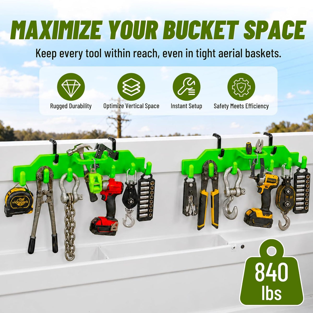 2 Pack Lineman Tool Board, Bucket Truck Hook Organizer for Lineman, Heavy Duty Bucket Truck Accessories with 6 Hooks & 2 Round Loops, Tool Organizer for Aerial Basket, RV, Garage, Workshop