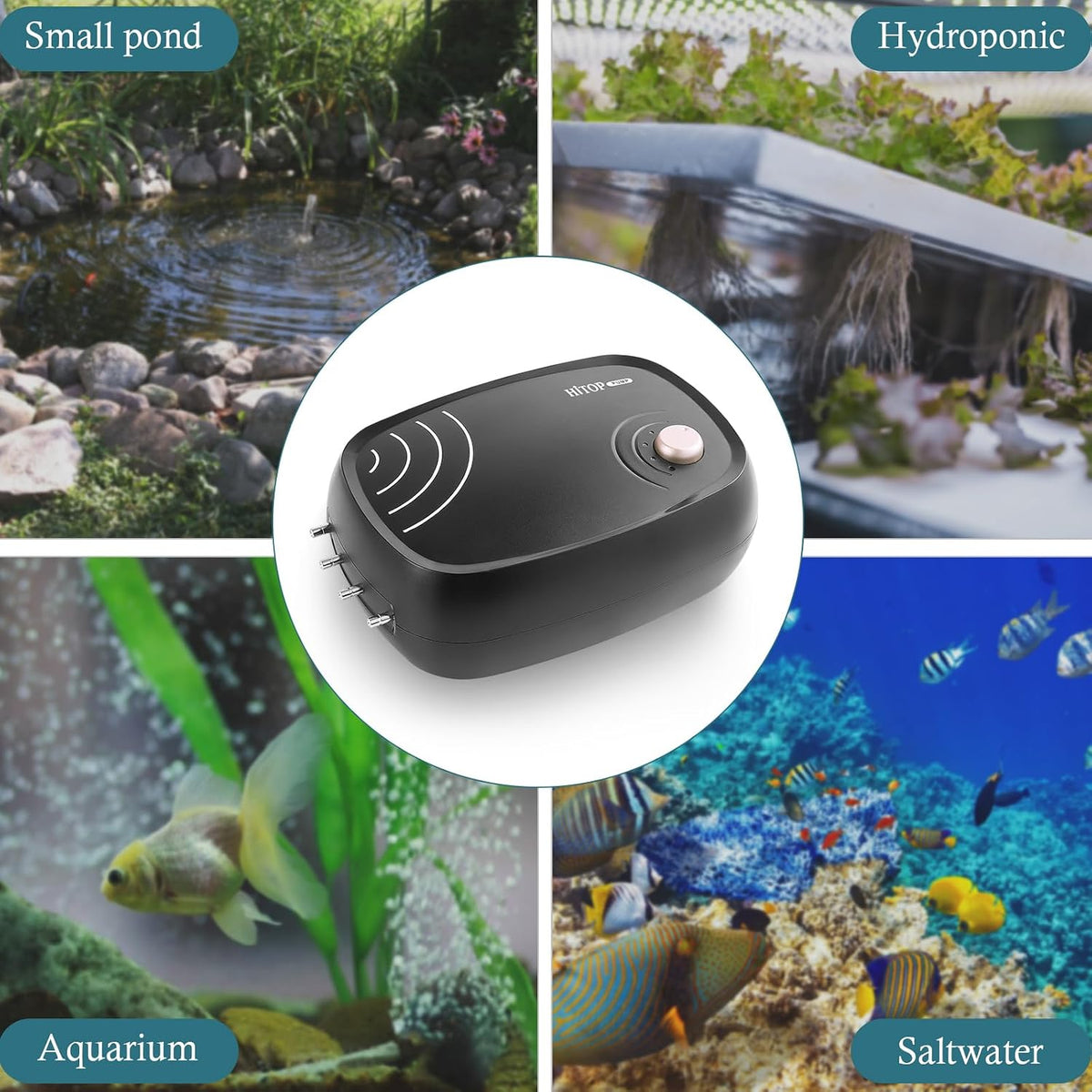 HITOP 10W Powerful Aquarium Air Pump: 4-Outlets 320GPH Air Pump for Fish Tank, Quiet Aquarium Aerator with Completely Accessories, for Tank/Hydroponic/Pond Oxygenation