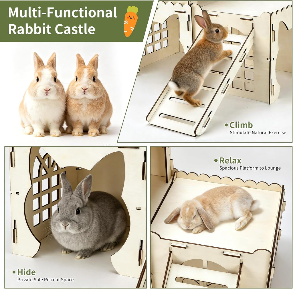 Rypet Extra Large Wooden Rabbit Castle, Bunny House Hideout with Stairs