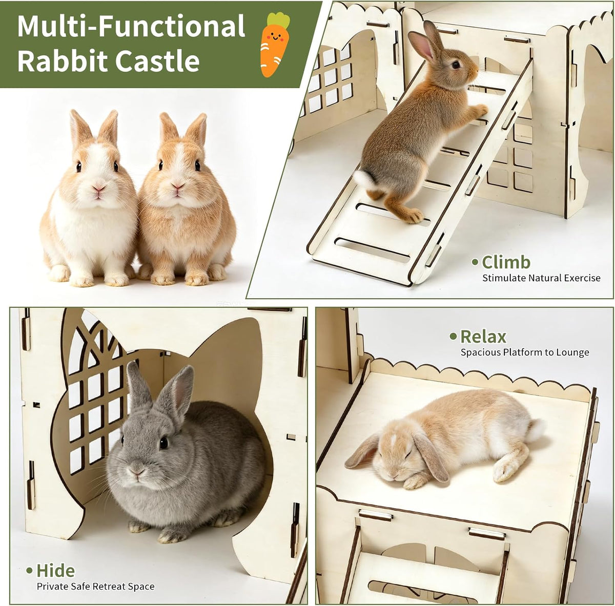 Rypet Extra Large Wooden Rabbit Castle, Bunny House Hideout with Stairs