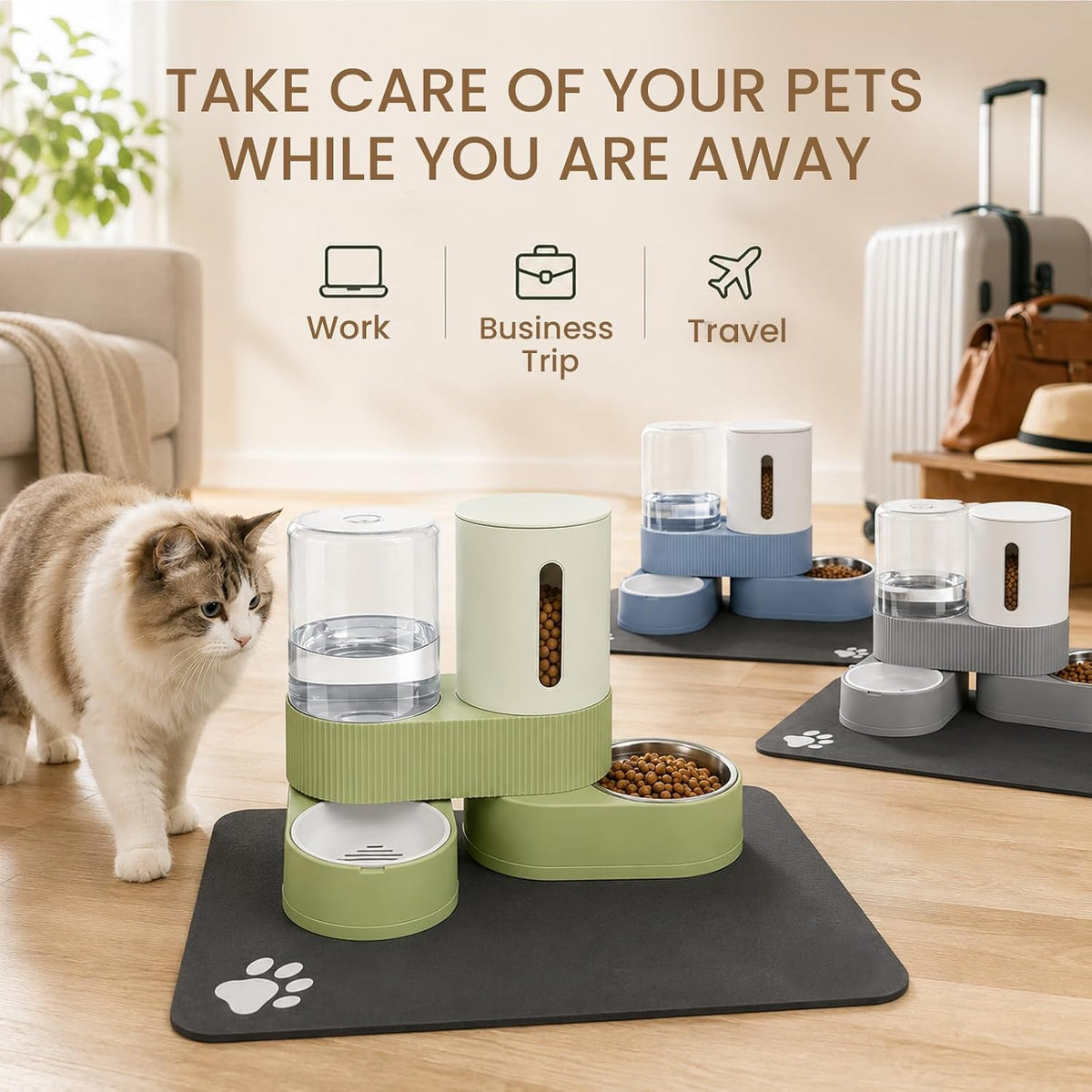 Gravity Cat Feeder 2 Pack Automatic Food Feeder Stainless Steel Water Dispenser Set 360 Degree Rotatable Pet Bowls with Silicone Mat for Cats Small Medium Dogs, Large Capacity(Blue)