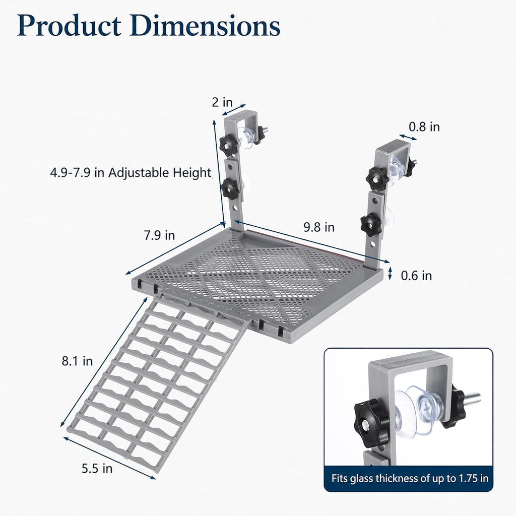 Adjustable Hanging Turtle Basking Platform, Feeding Tray, Non-Slip Ramp |Sturdy Plastic, Adjustable 4.9-7.9 in Height, 9.8 x 7.9 in Deck, Easy Assembly, Reptile Tank Accessories, Fits 20-75 Gal
