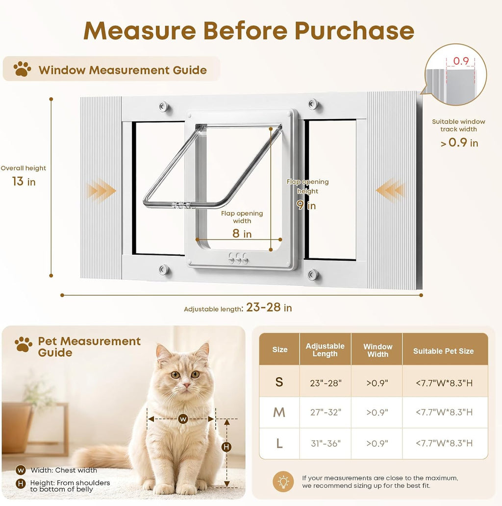 Cat Door for Window, Adjustable 23"-28", 4 Locking Modes + Extra Security Lock for Outside Safety, Window Pet Door with Magnetic Self-Closing, No-Drill Installation, Weatherproof Aluminum Frame Insert