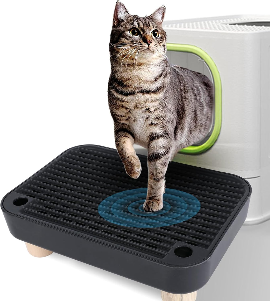 Litter Box Step, Litter Box Ramp/Catcher with Wooden Base，Pet Step Stool for Filter Function, Easy to Clean,Ideal for Kitten/Elderly Cats(Black)