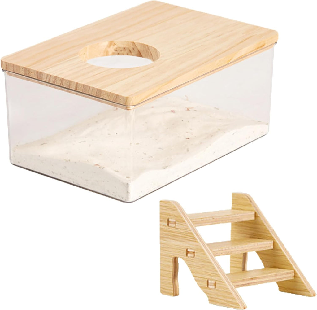Transparent Hamster Sand Bath Box with Ladder Acrylic Dust Bath Digging Box and Hideout Clear Small Pet Bathroom for Hamsters Gerbils