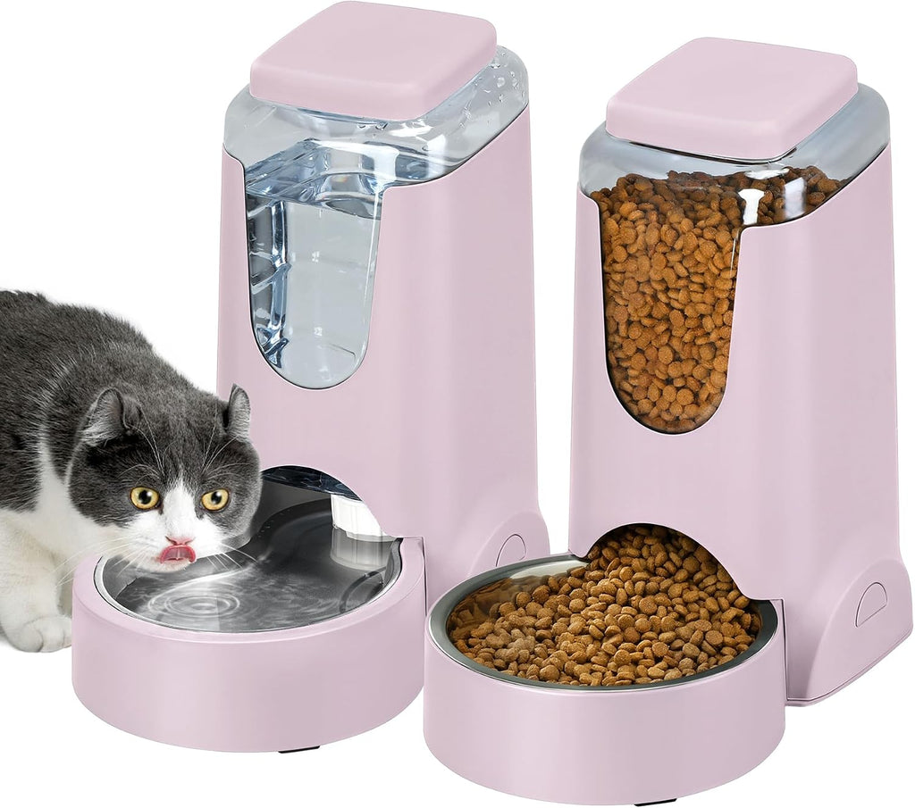 2 Pack Automatic Cat Feeder and Stainless Steel Water Dispenser, Gravity Dog Waterer Set Food Feeder and Waterer Set for Small Medium Kitten Puppy Pets(1 Gallon x 2, Violet)