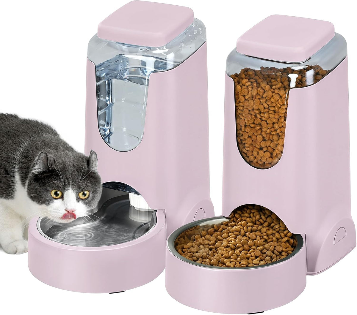 2 Pack Automatic Cat Feeder and Stainless Steel Water Dispenser, Gravity Dog Waterer Set Food Feeder and Waterer Set for Small Medium Kitten Puppy Pets(1 Gallon x 2, Violet)