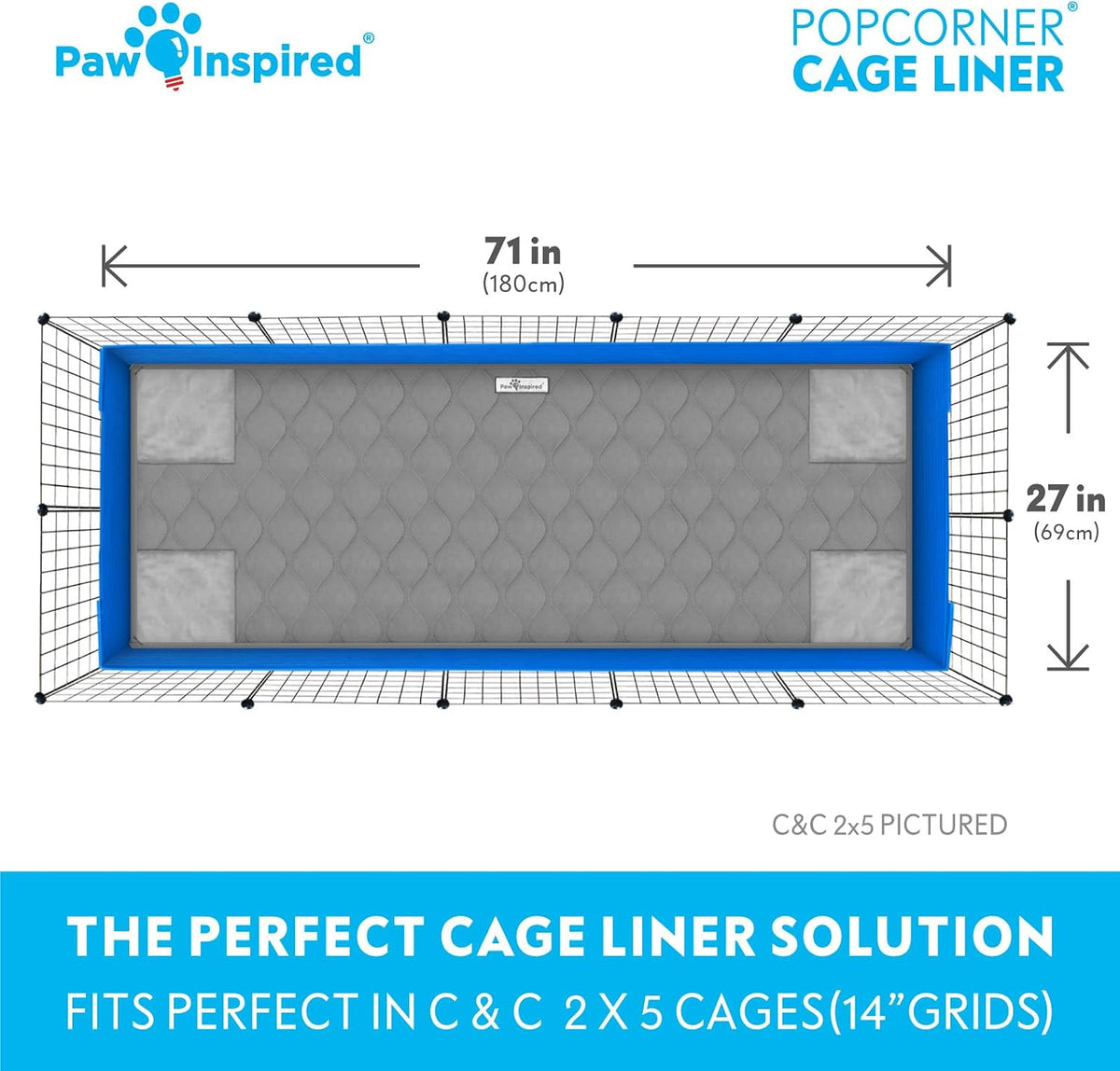 Paw Inspired PopCorner Washable Fleece Cage Liners, C&C 2x5, Gray