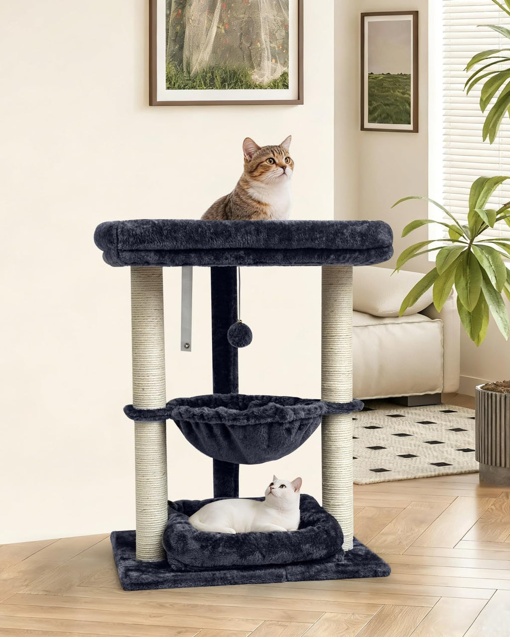 SYANDLVY 3 Level Cat Tree for Large Cats with Top Perch, Hammock/Bottom Bed