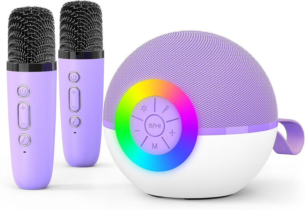 Mini Karaoke Machine Speaker for Kids Adults, Portable Bluetooth Microphone Song Toys with LED Light, Best Chritmas Birthday Festival Gift for 3 4 5 6 7 8+ Year Old Girls Boys (Purple-2MIC)