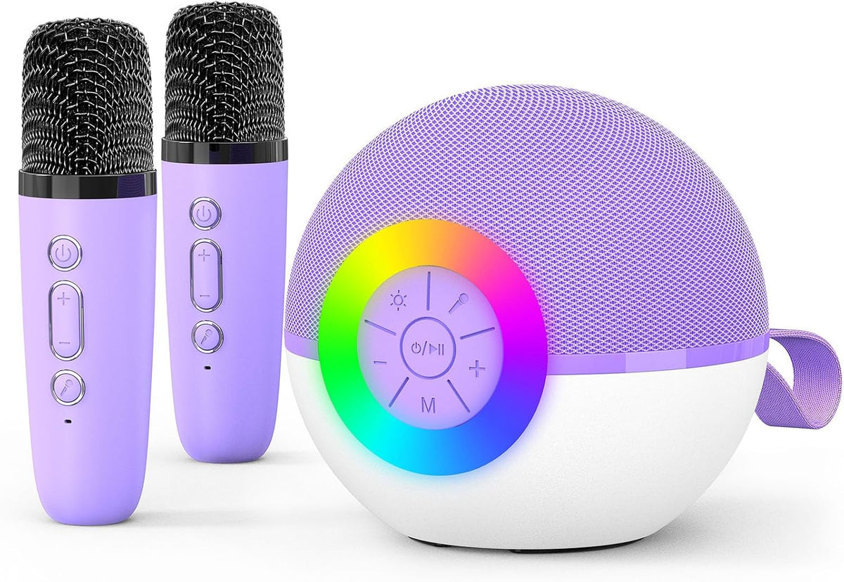 Mini Karaoke Machine Speaker for Kids Adults, Portable Bluetooth Microphone Song Toys with LED Light, Best Chritmas Birthday Festival Gift for 3 4 5 6 7 8+ Year Old Girls Boys (Purple-2MIC)