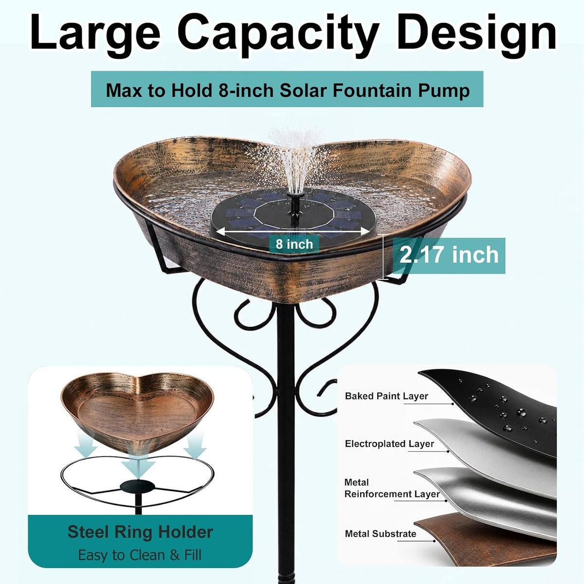 Goodeco Metal Heart Bird Bath - 2.17" Deep, 12.1" Easy-Clean Removable Bowl