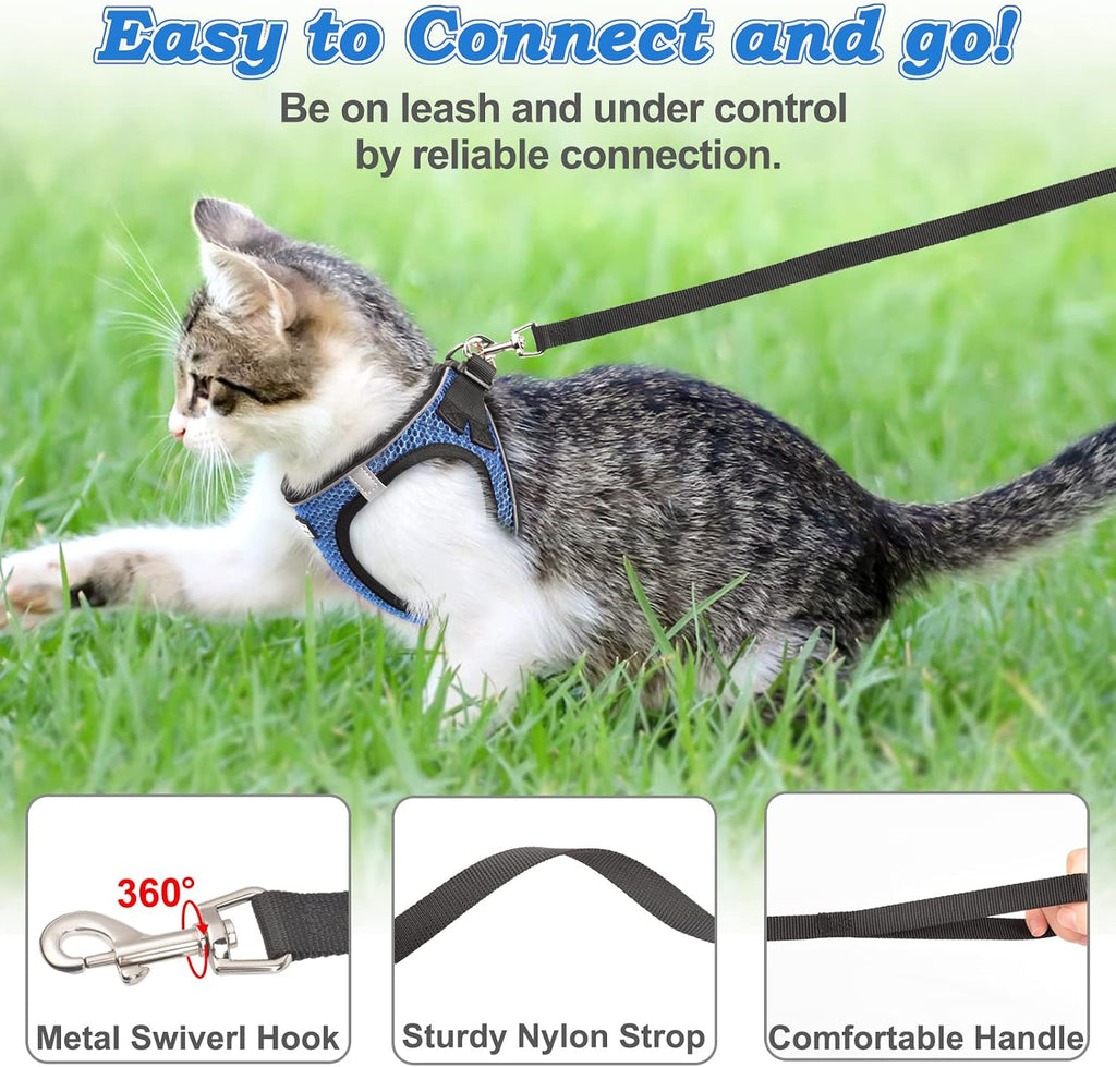 Cat Harness and Leash for Walking Escape Proof, Adjustable Kitten Vest Harness Reflective Soft Mesh Puppy Harness for Outdoor, Comfort Fit, Easy to Control (Blue, S)