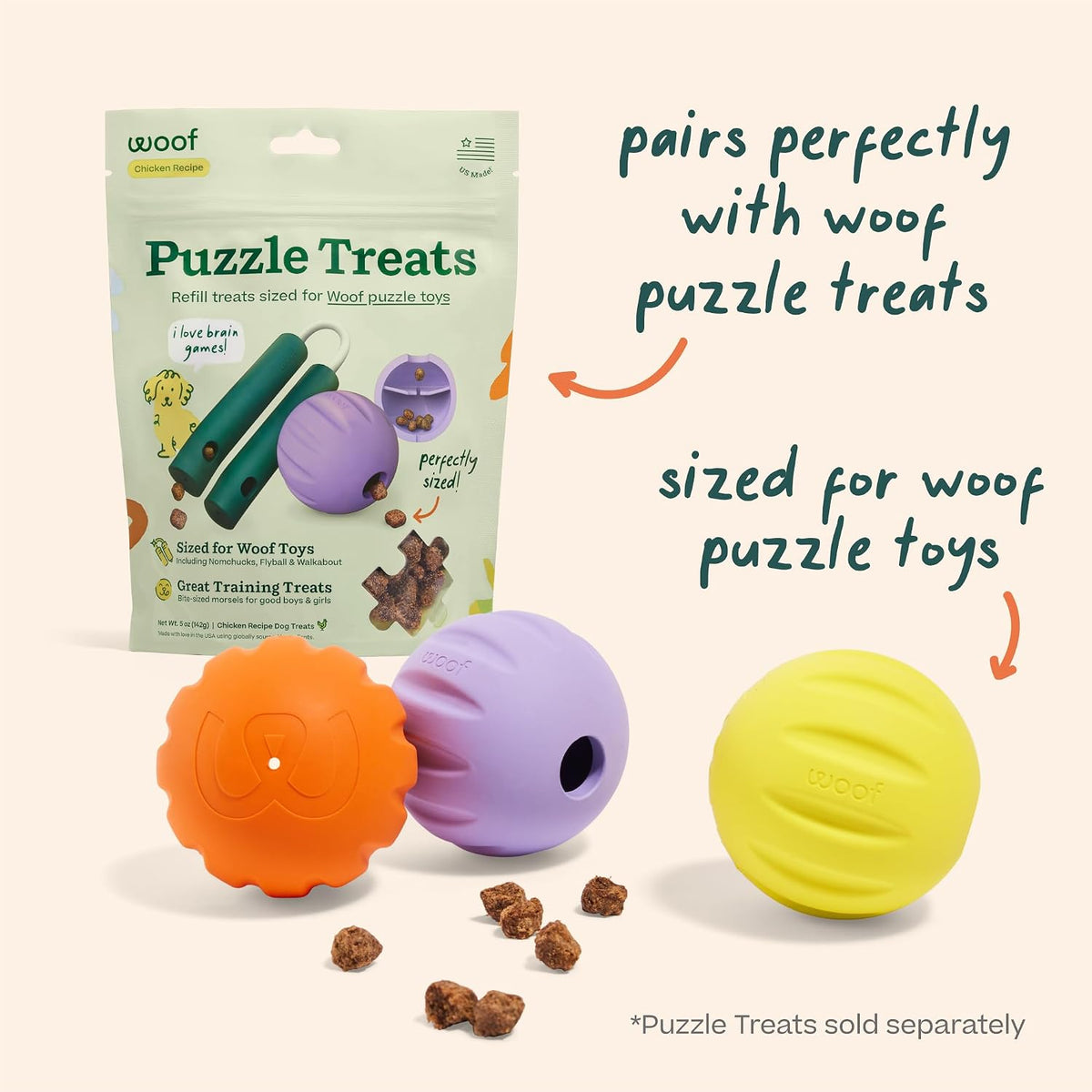 WOOF Flyball Fetch Ball & Dog Treat Dispenser Toy, 3-Pack
