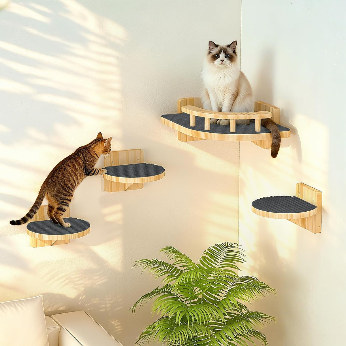 XiaZ Cat Wall Shelves, Cat Wide Climber Shelf with 3 Perch Steps, Kitty Wall Mounted Wooden Furniture up to 25lbs, Durable Floating Cats Stairs for Indoor Sleeping, Playing, Climbing and Lounging