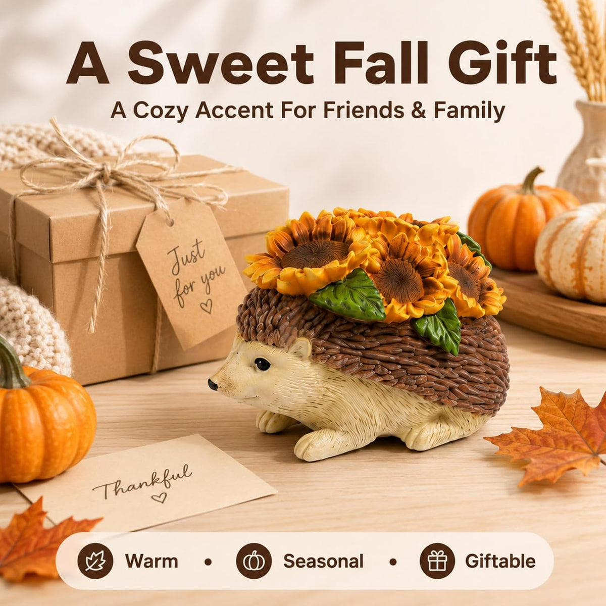 Fall Hedgehog Figurine with Sunflowers, Table, Shelf, Home Decor