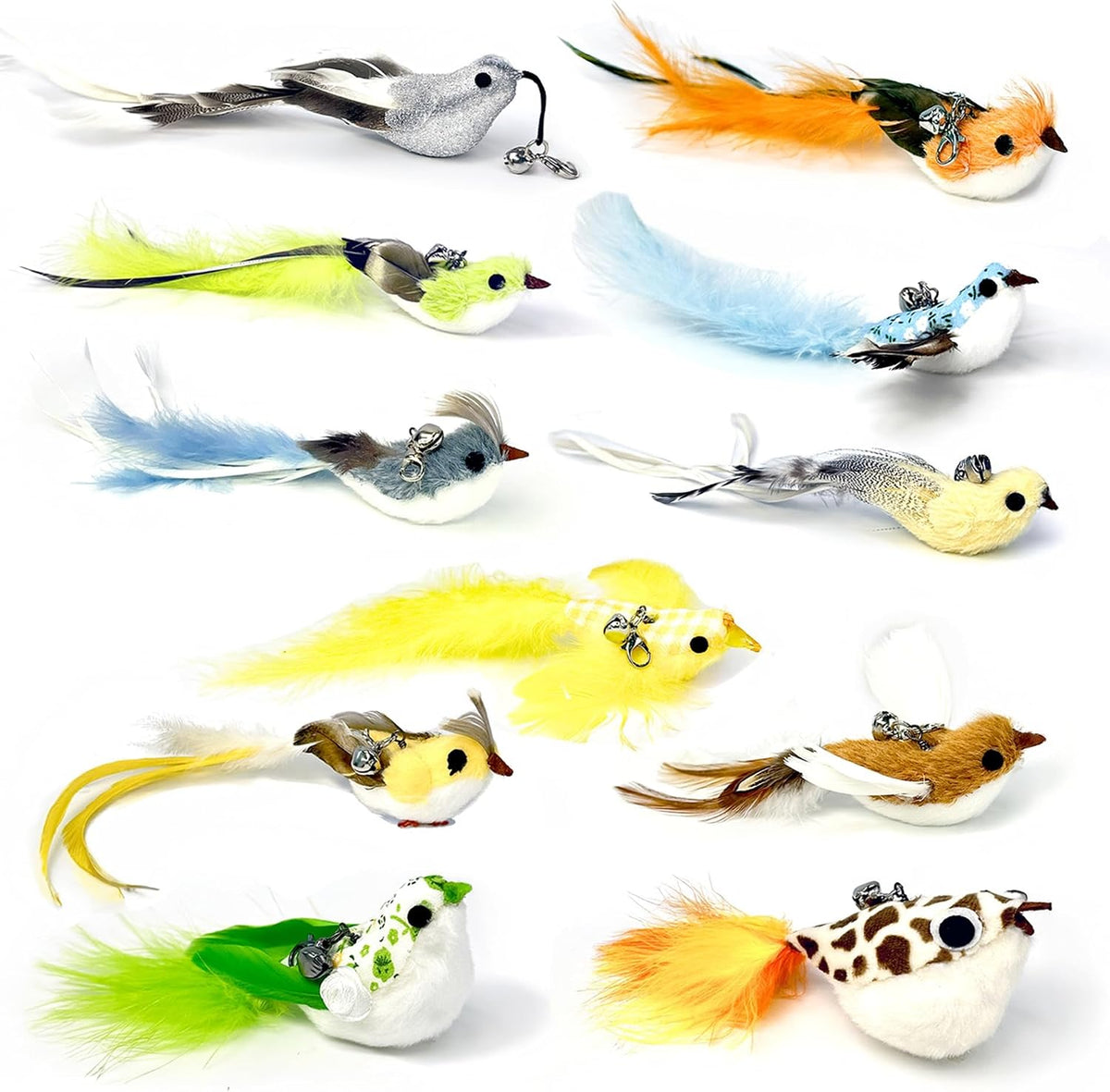 11PCS Realistic Bird Cat Toy Refills – Handmade Feather Cat Toys with Bell, Clip-on Cat Wand Attachments – Interactive Cat Toys for Indoor Cats, Refill Set for Wand Toy or Cute Home Décor