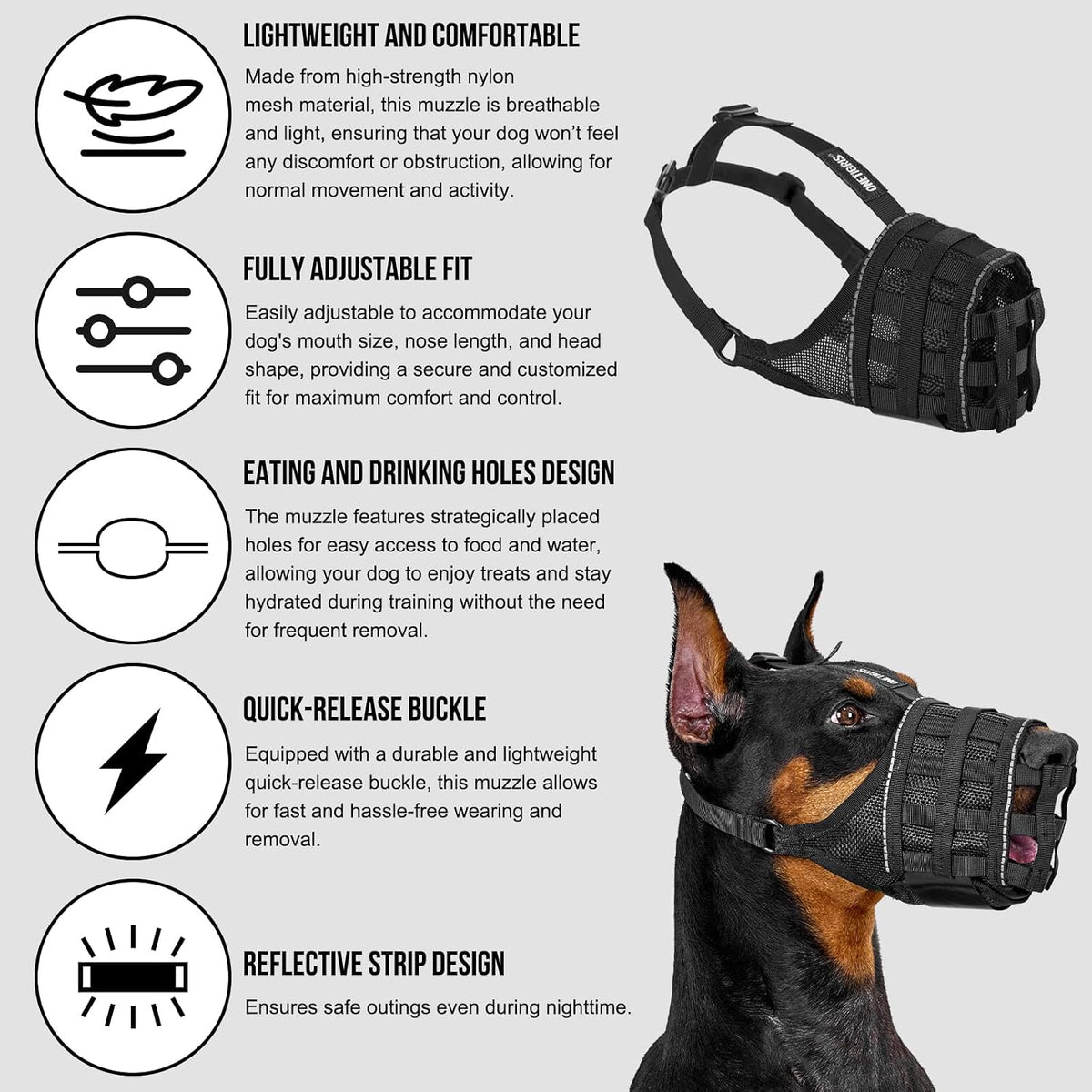 OneTigris Military-Grade Soft Dog Muzzles Reflective Breathable Adjustable
