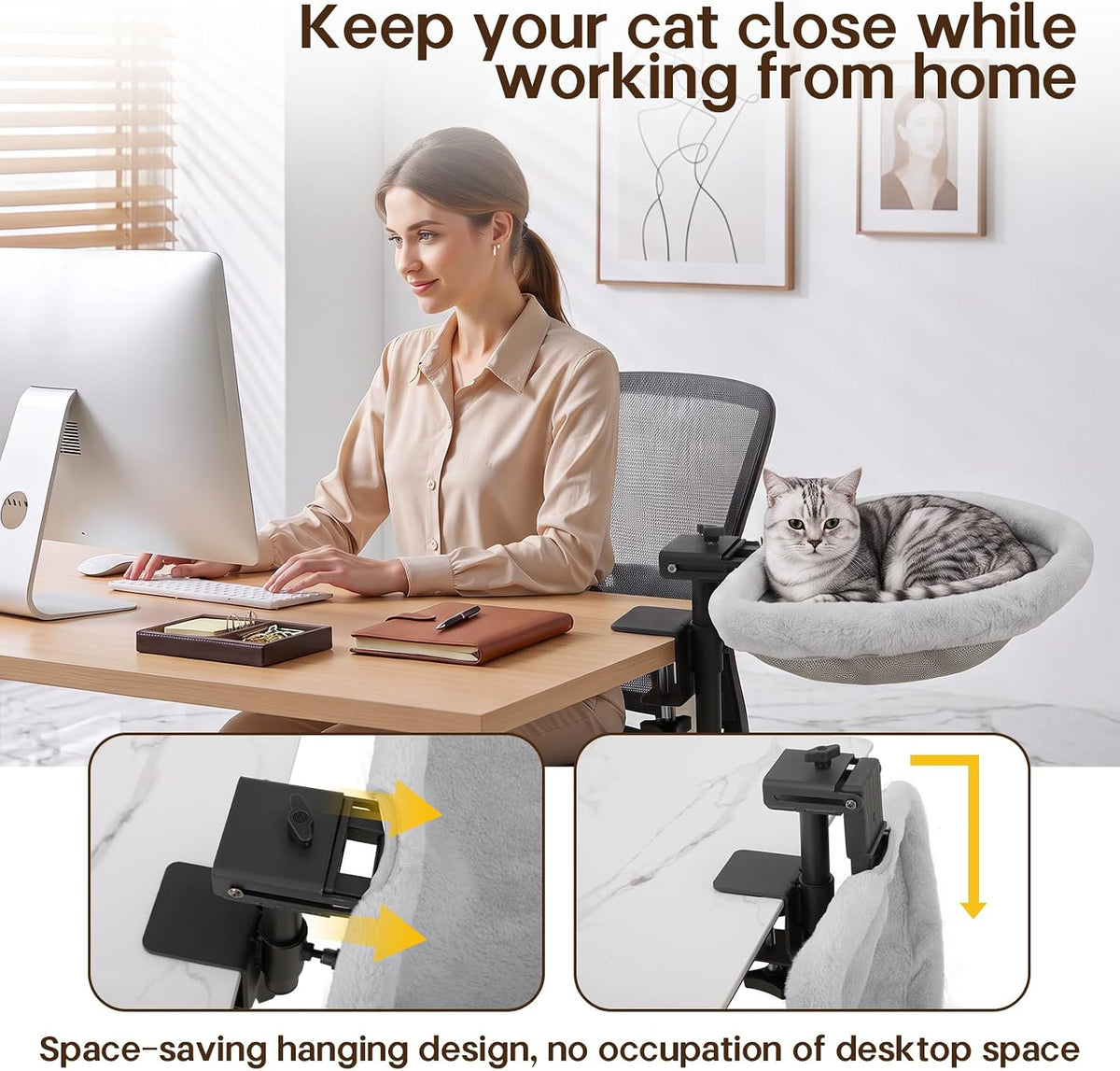 Desktop Cat Hammock, One-Click Fold Table Edge Cat Bed, Holds 40 lbs