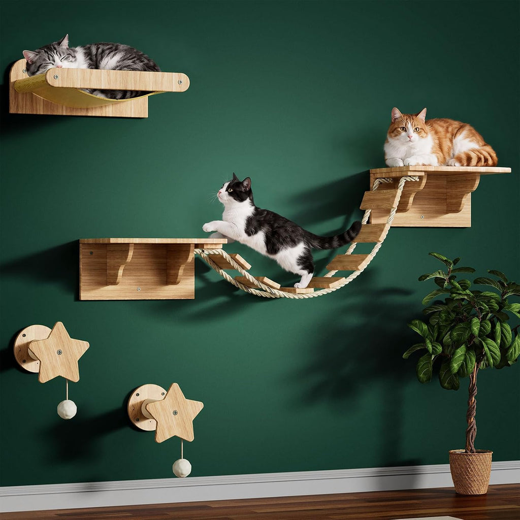 Cat Wall Shelves, 6-in-1 Solid Wood Wall Mounted Cat Furniture Set with Sisal Scratching Post, Hammock, Rope Bridge & Perches, Space Saving, Holds 40 lbs for Indoor Cats