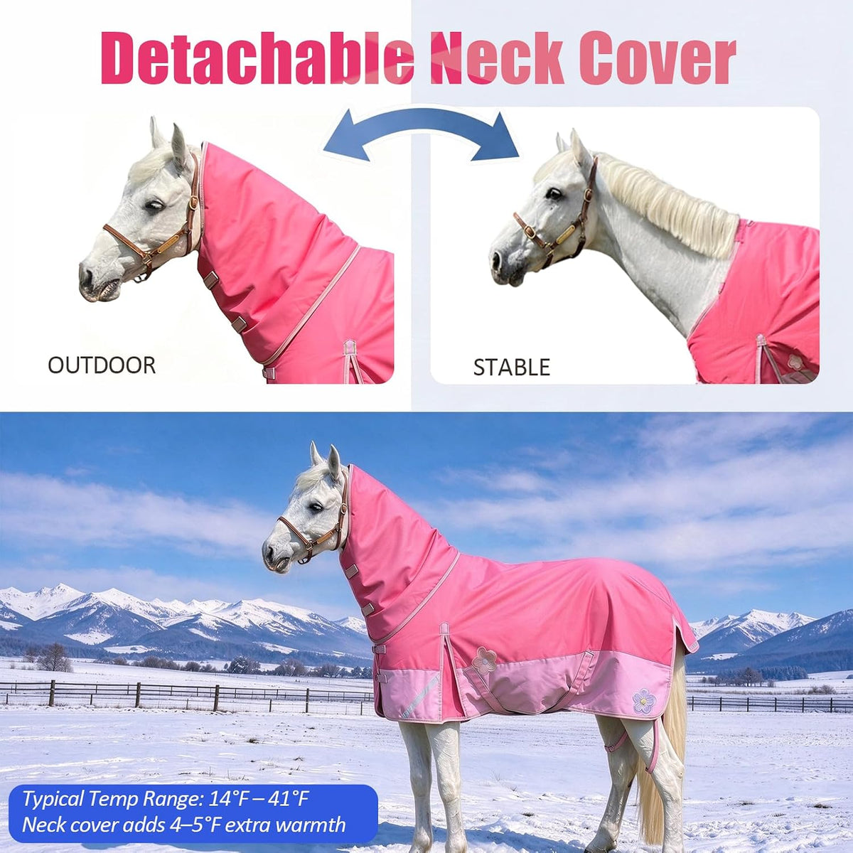250g 1200D Winter Blanket with Cover,Heavy Horse Blanket, Horse Turnout Rug for Real Horses, Waterproof and Reflective Strips Design(Pink69'')