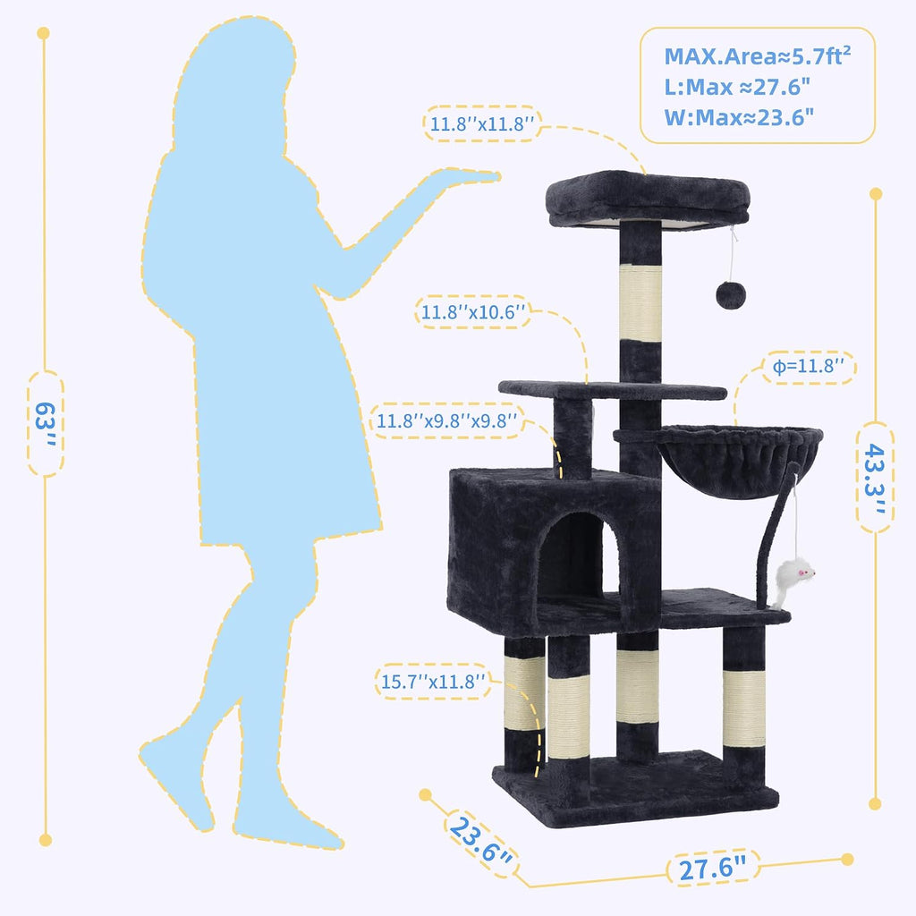 Heybly Cat Tree with Toy, 43.3 inch Cat Tower for Indoor Cats HCT004SG