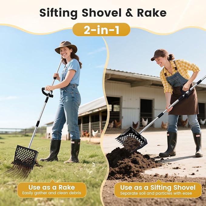 Chicken Poop Scooper and Rake, 2-in-1 Metal Sand Sifting Shovel - Image 2