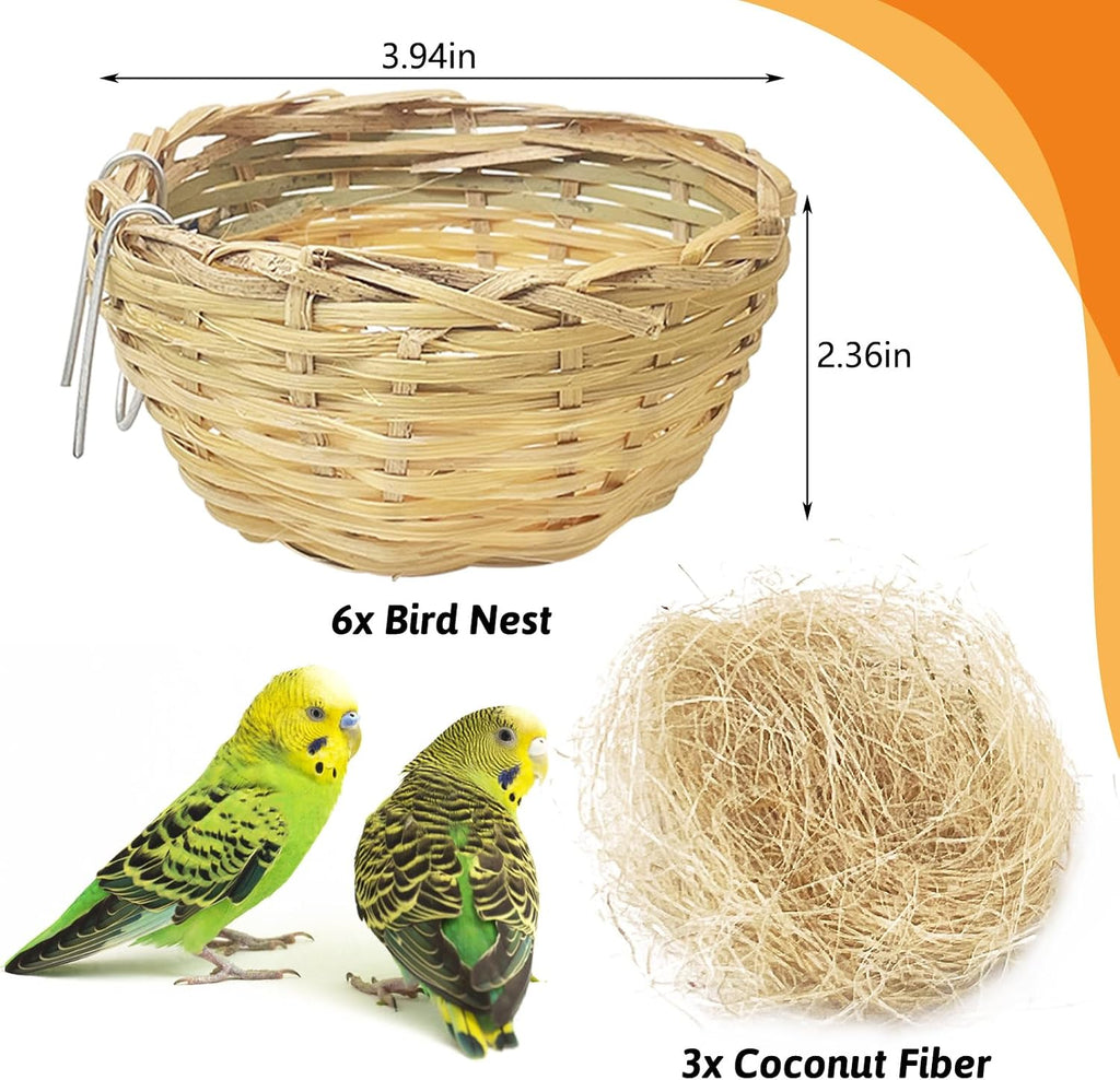 VCEPJH Handmade Bird Nest for Cage 6 Pack Bamboo Canary Breeding Nest with Hook Finch Nesting Hatching House with Fiber Liner for Littile Finch Parakeet Cockatiel Budgie